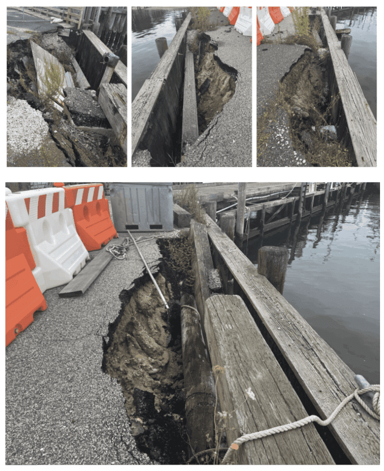 The crumbling bulkhead behind the East End Seaport Museum 